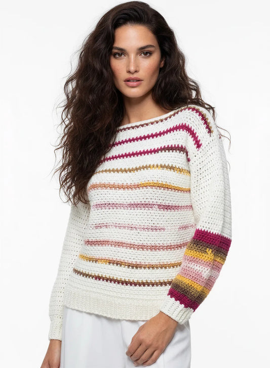 Pull femme Inverno crème rayures multicolores fuchsia – crochet fait main – vue 3/4 manches – Cachalabibi