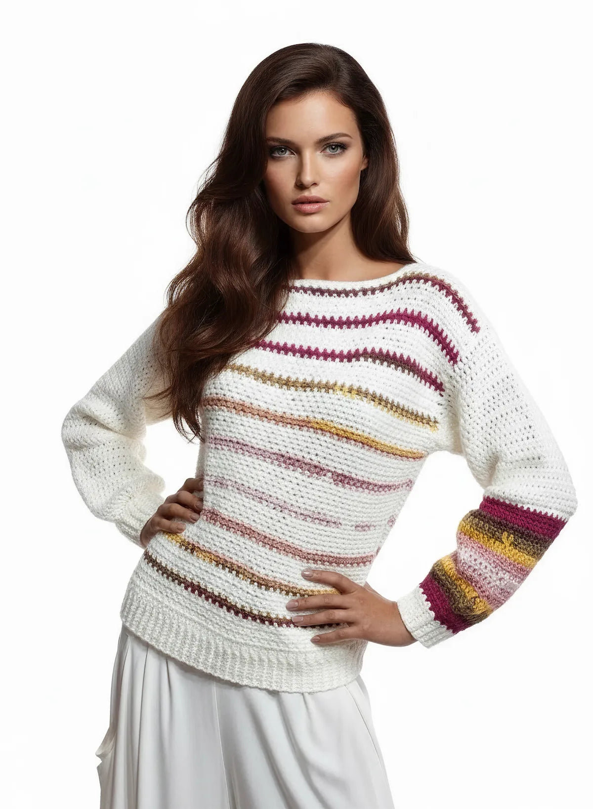 Pull femme Inverno crème rayures multicolores fuchsia – crochet fait main – vue complète – Cachalabibi