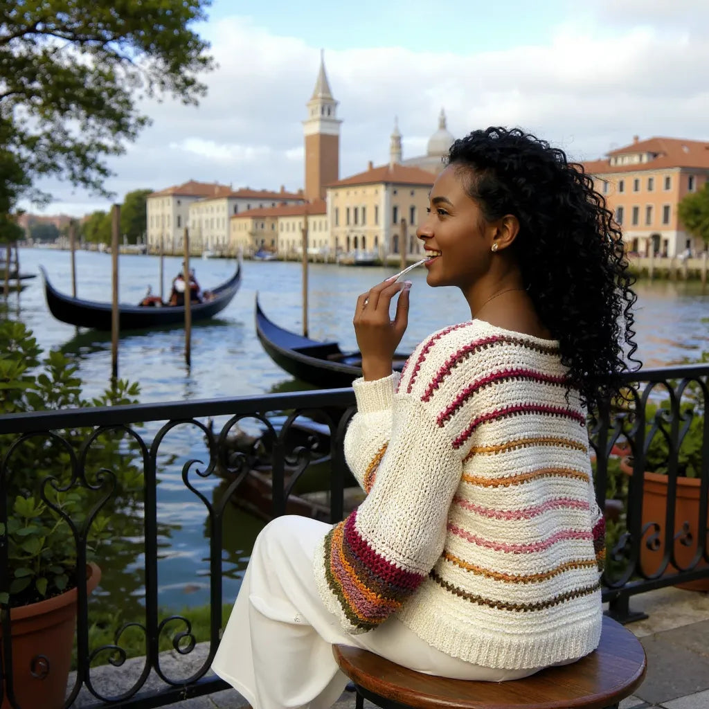 Pull au crochet fait main Inverno de Cachalabibi - blanc rayé - porté à Venise avec vue sur les gondoles