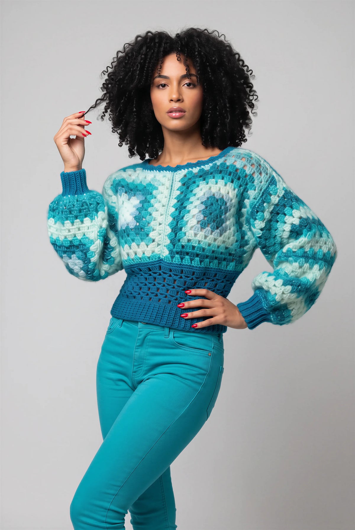 Pull Laguno crochet granny turquoise bleu manches bouffantes — vue face — Cachalabibi