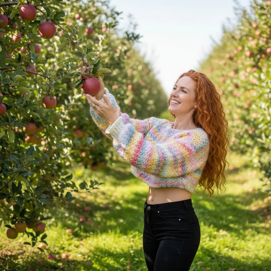 Pull au crochet fait main Linéo de Cachalabibi - pastel mohair - vue de profil d'une jeune femme qui cueille une pomme dans un verger