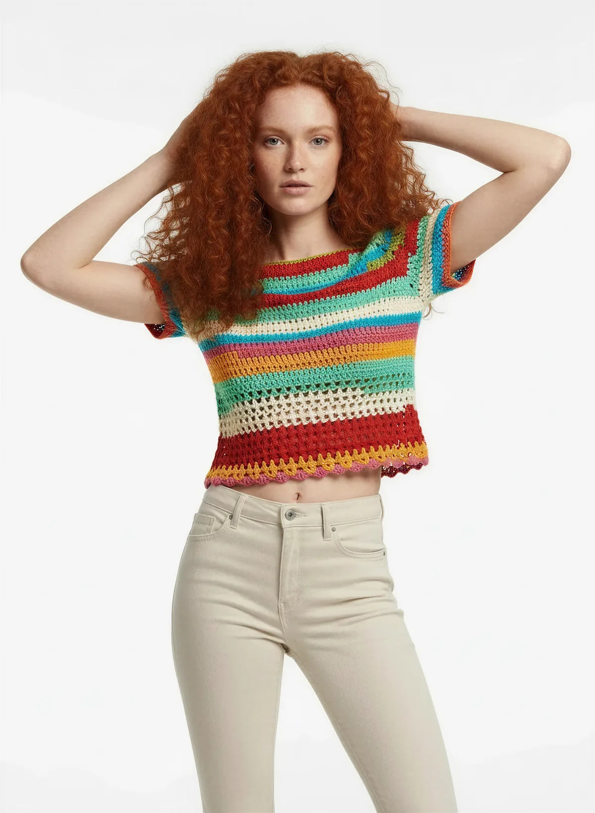 Pull manches courtes Luminoso rayures arc-en-ciel ajouré – crochet fait main – ourlet festonné – Cachalabibi