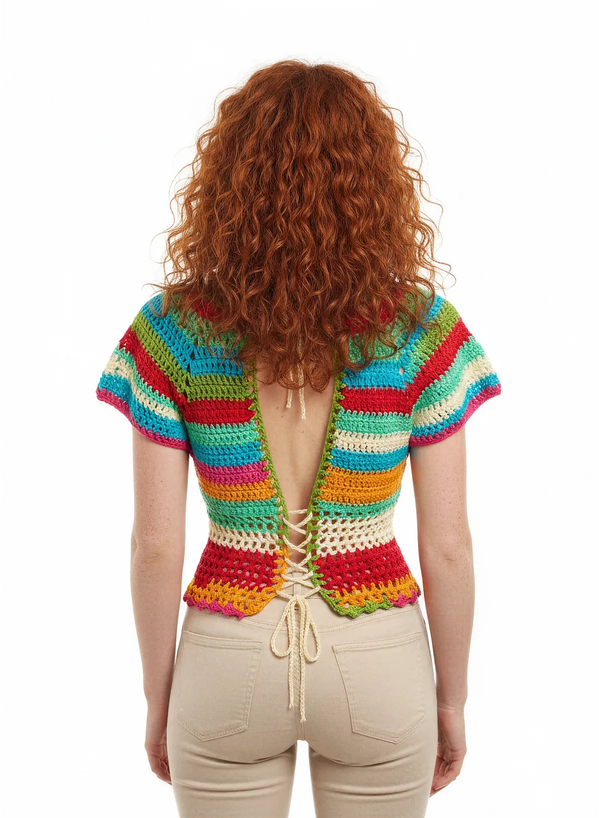 Pull manches courtes Luminoso rayures arc-en-ciel – crochet fait main – dos V plongeant laçage – Cachalabibi