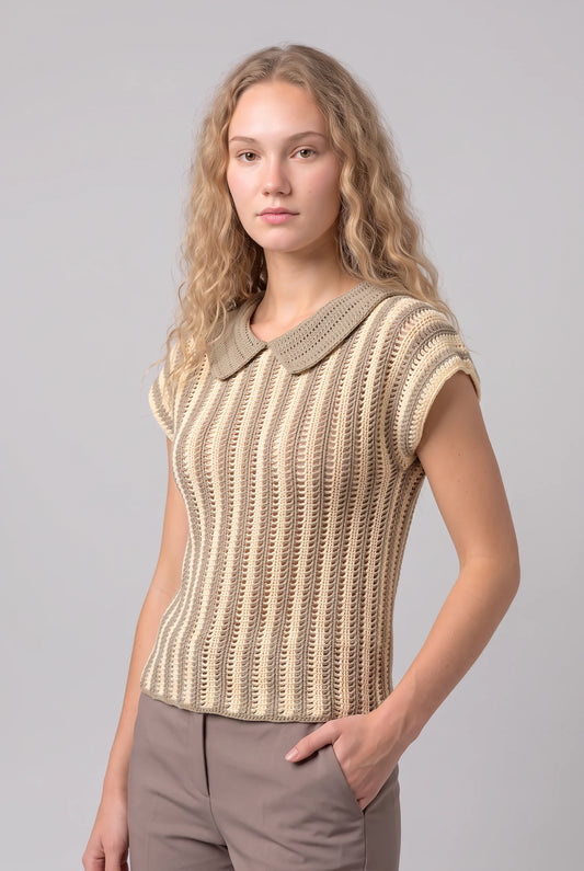 Pull Ballerino crochet rayé beige gris col claudine — vue 3/4 — Cachalabibi