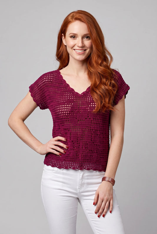 Pull Merlo crochet prune manches courtes — vue face — Cachalabibi