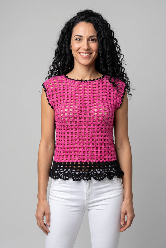 Pull Peonia crochet fuchsia et noir — vue face — Cachalabibi