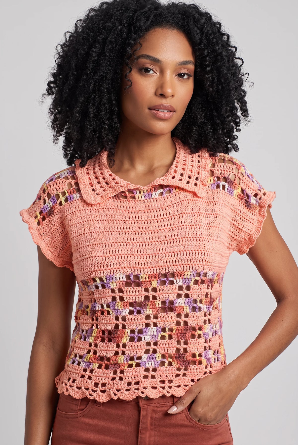 Pull Pescarossa crochet saumon col claudine festonné — vue face — Cachalabibi