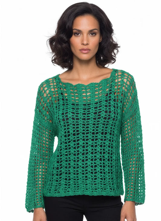 Pull femme Marimar vert émeraude ajouré encolure festonnée – crochet fait main – détail encolure – Cachalabibi