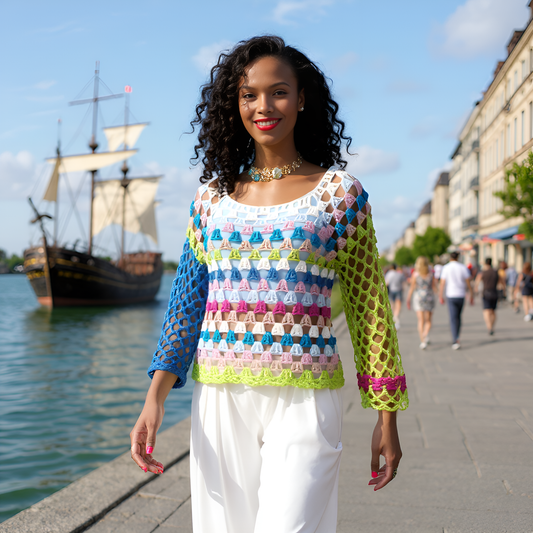 Pull au crochet fait main Montebello de Cachalabibi - vert olive - Vue de face portée, tailles38/42, manches ajourées délicates