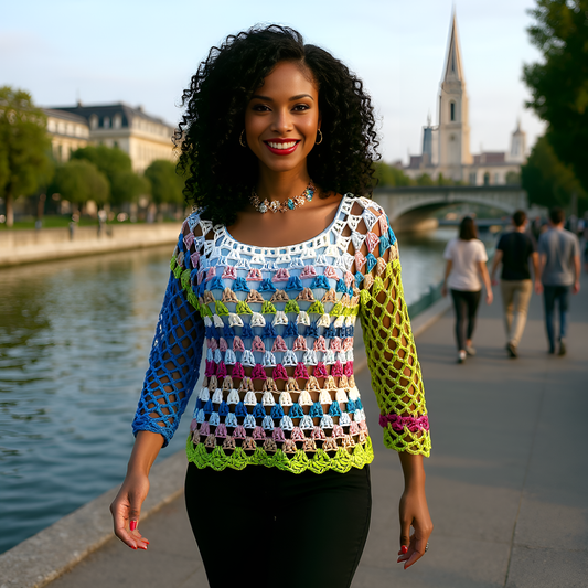 Pull au crochet fait main Montebello de Cachalabibi - vert olive - Vue de face au bord de l'eau, pièce unique multicolore avec manches ajourées