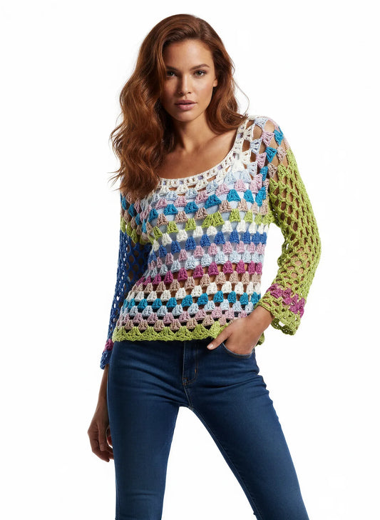 Pull femme Montebello multicolore ajouré triangles manches évasées – crochet fait main – vue 3/4 – Cachalabibi