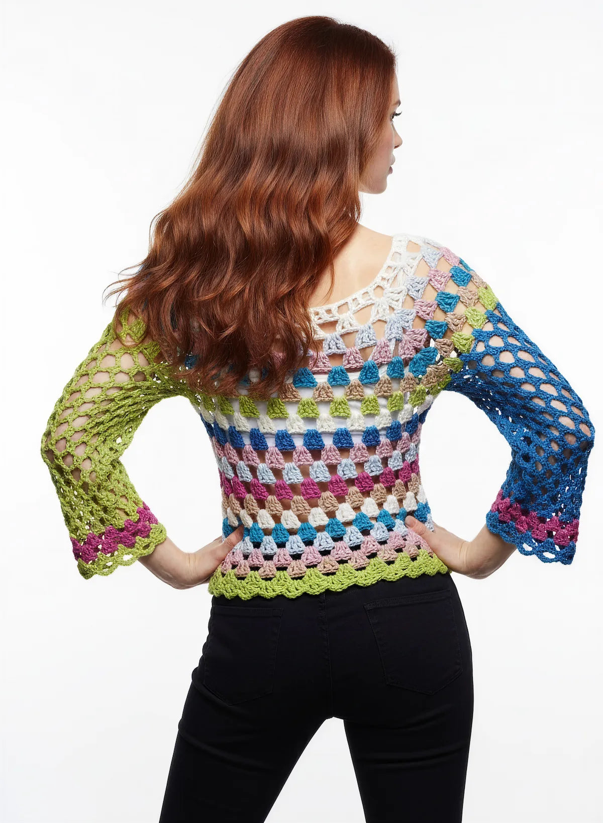 Pull femme Montebello multicolore ajouré triangles – crochet fait main – de dos ourlet festonné – Cachalabibi