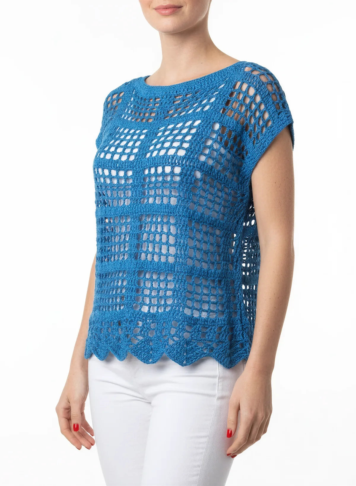 Pull manches courtes Muscari bleu cobalt filet carreaux – crochet fait main – de côté ourlet festonné – Cachalabibi
