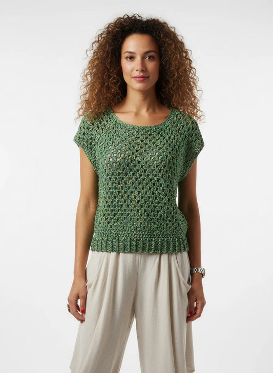 Pull manches courtes Papayo vert émeraude chiné ajouré – crochet fait main – vue complète de face – Cachalabibi