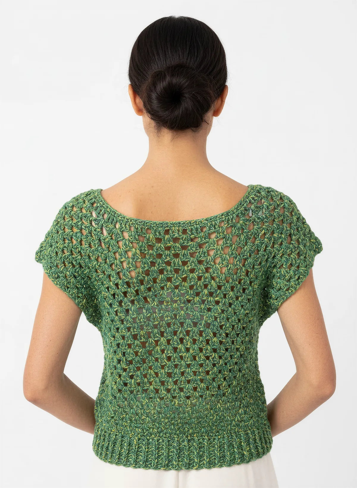 Pull manches courtes Papayo vert émeraude chiné ajouré – crochet fait main – de dos encolure ronde – Cachalabibi