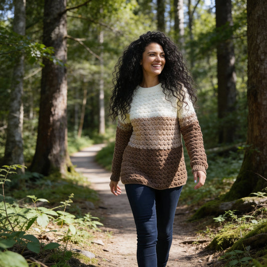 Pull au crochet fait main Passero de Cachalabibi - gris perle et marron - vue de face d'une jeune femme qui marche dans un bois