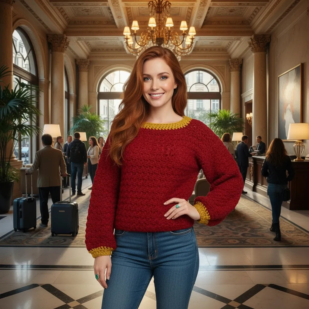 Pull au crochet fait main Pettirosso de Cachalabibi - rouge bordeaux - vue de face dans le hall d'un hôtel de luxe avec lustres et voyageurs