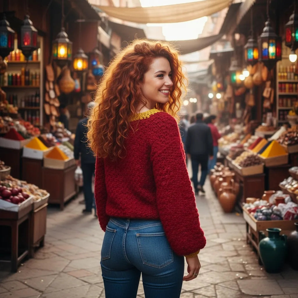Pull au crochet fait main Pettirosso de Cachalabibi - rouge bordeaux - vue de dos au marché aux épices de Marrakech avec lanternes colorées et épices