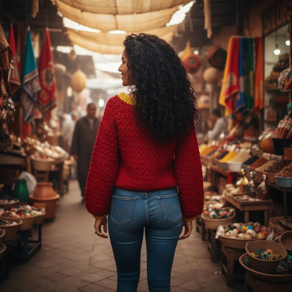 Pull au crochet fait main Pettirosso de Cachalabibi - rouge bordeaux - vue de dos flânant dans les souks de Marrakech avec lanternes colorées