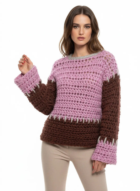 Pull femme Ploum-Ploum rose lilas chocolat chunky liserés crème – crochet fait main – de face – Cachalabibi