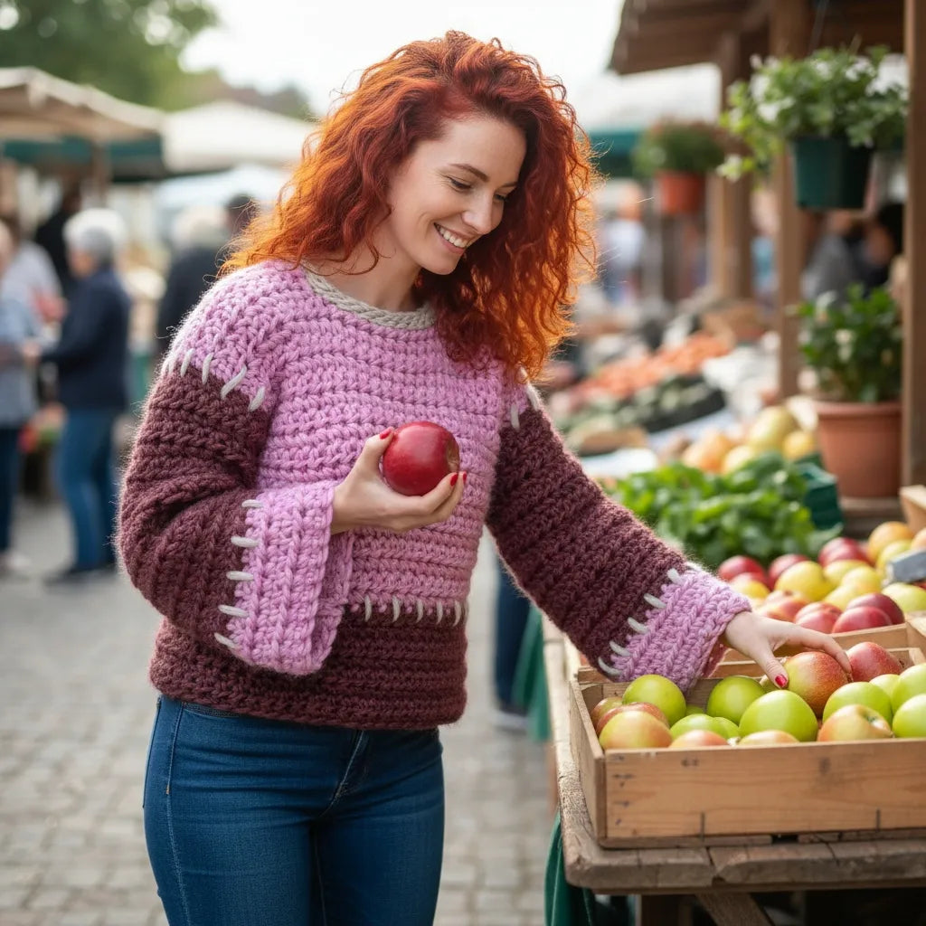 Pull au crochet fait main Plum-Plum de Cachalabibi - lilas et prune - vue de face d'une jeune femme achetant des pommes sur un marché