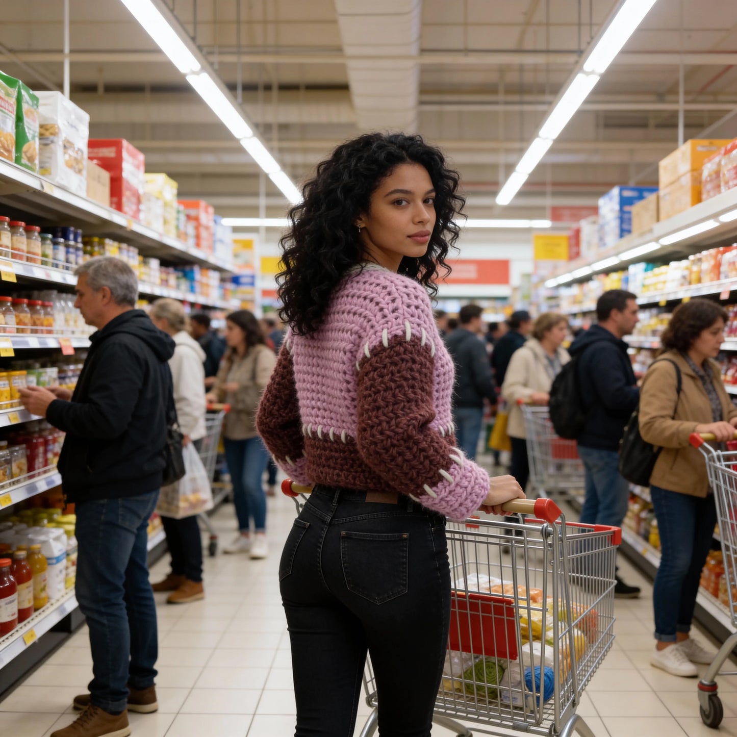Pull au crochet fait main Plum-Plum de Cachalabibi - lilas et prune 
- vue de dos dans un supermarché avec rayons de produits et caddie