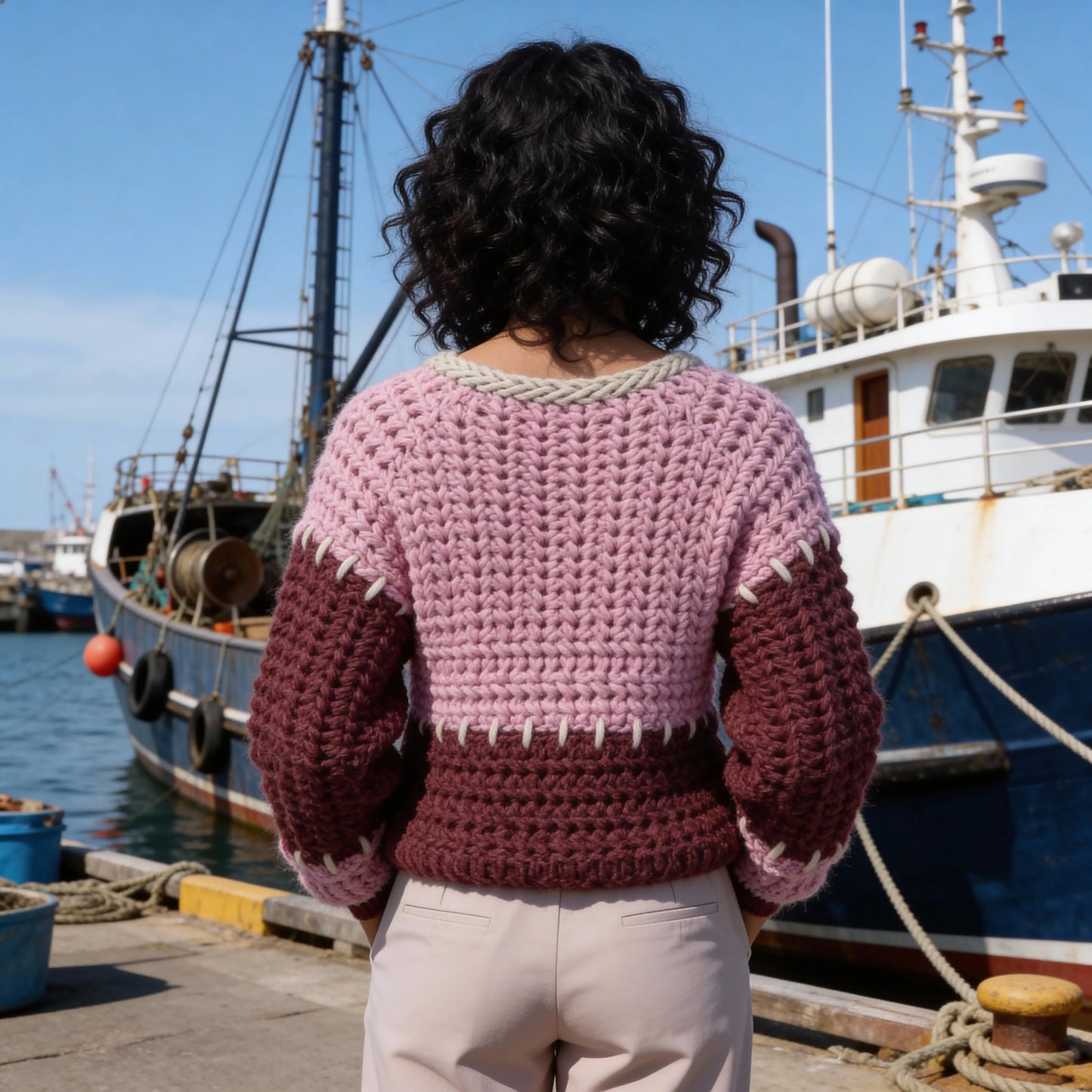 Pull au crochet fait main Plum-Plum de Cachalabibi - lilas et prune 
- vue de dos au port de pêche avec bateaux de pêche