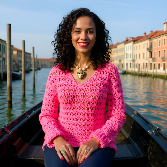 Pull au crochet fait main Reine de Saba de Cachalabibi - rose - Vue à Venise avec gondoles, pièce unique