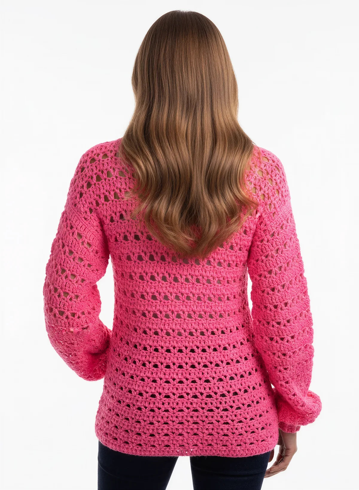 Pull femme Reine de Saba rose fuchsia éventails ajouré – crochet fait main – de dos – Cachalabibi