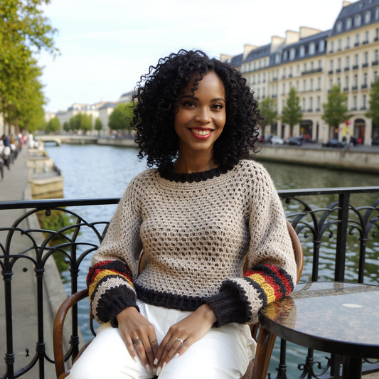 Pull au crochet fait main Rojauno de Cachalabibi - beige - Vue de face au bord du canal parisien, taille 38/42
