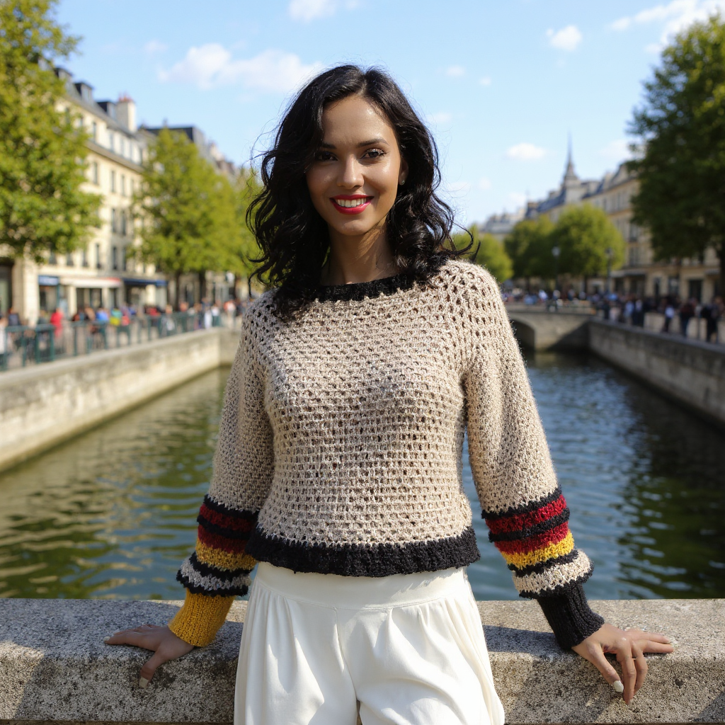Pull au crochet fait main Rojauno de Cachalabibi - beige - Vue de face au bord de l'eau