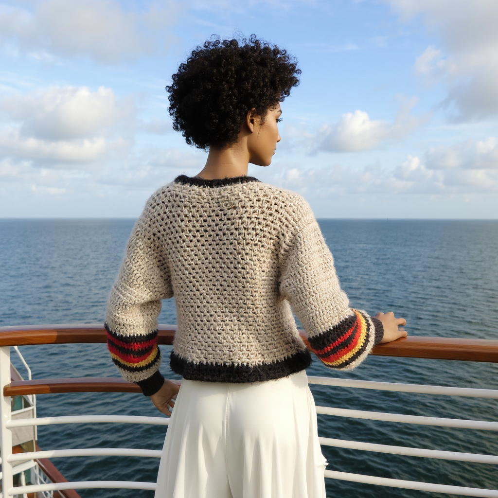 Pull au crochet fait main Rojauno de Cachalabibi - beige - Vue de dos sur bateau, style bohème chic avec manches colorées