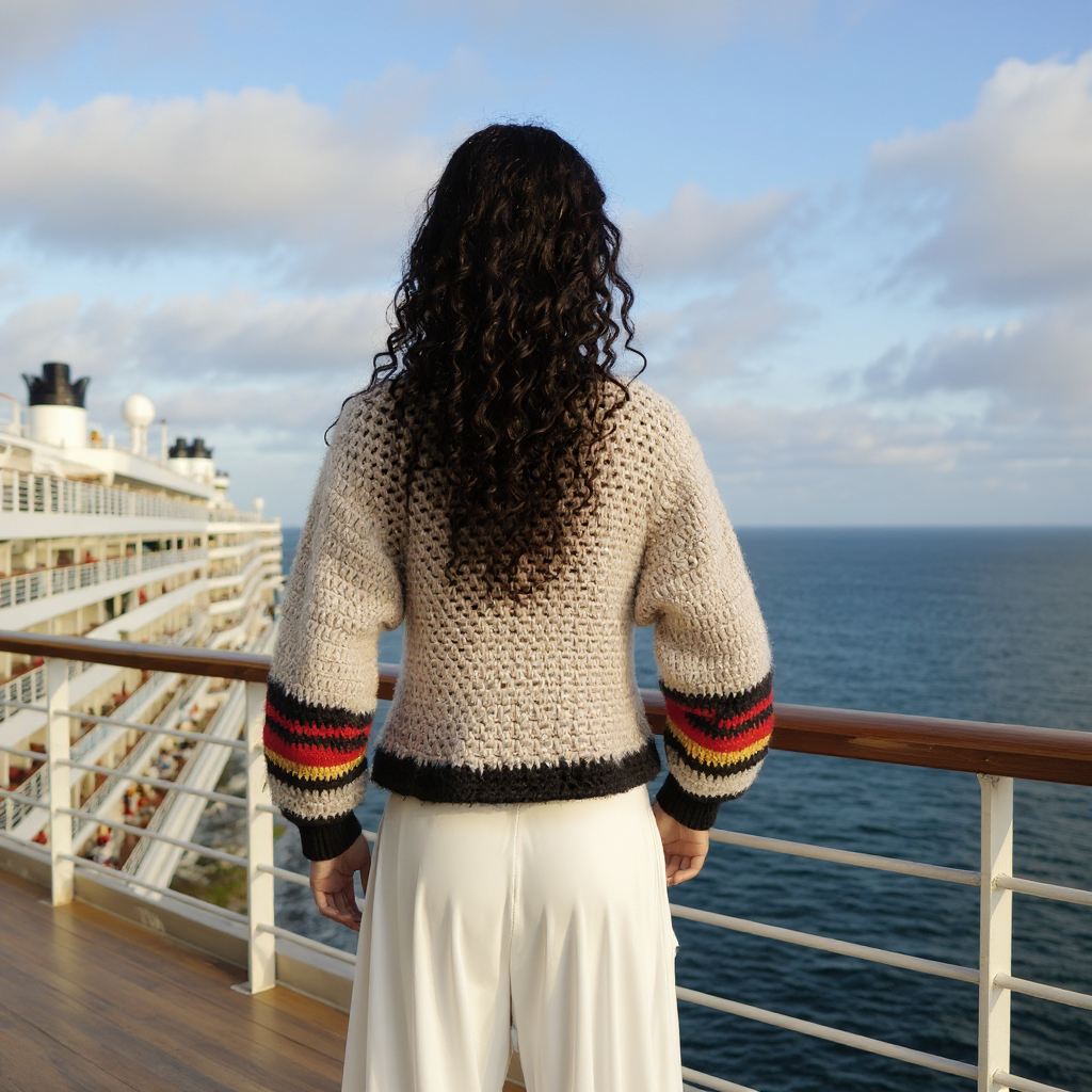 Pull au crochet fait main Rojauno de Cachalabibi - beige - Vue de dos sur bateau de croisière, détail des mailles ajourées