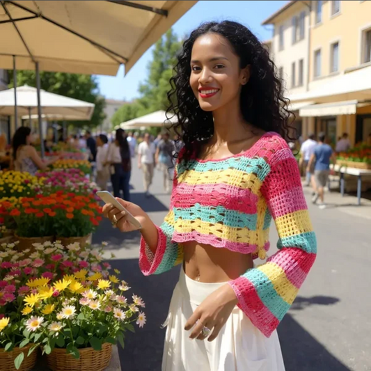 Pull au crochet fait main Romanella de Cachalabibi - rose -Vue au marché aux fleurs, style bohème estival