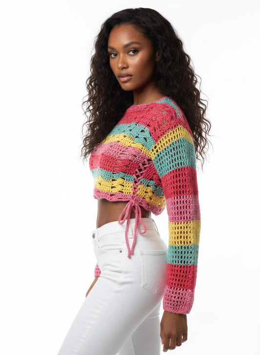 Pull court Romanella rayures multicolores – crochet fait main – de côté lien taille – Cachalabibi