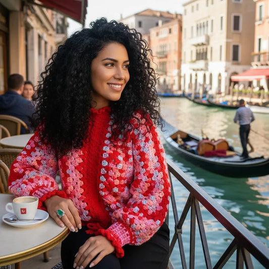 Pull au crochet fait main Rosa de Cachalabibi - rouge vif granny - vue de profil d'une jeune femme à la terrasse d'un café à Venise
