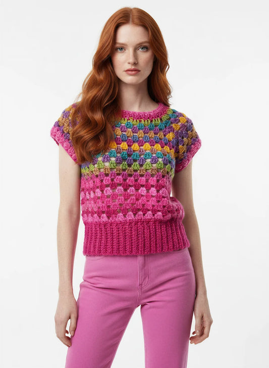 Pull manches courtes Rosabella rose fuchsia granny square – crochet fait main – de face – Cachalabibi