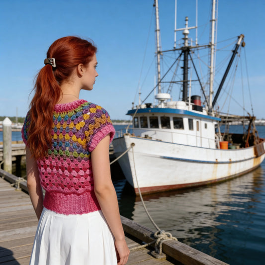 Pull au crochet fait main Rosabella de Cachalabibi - rose fuchsia - vue de profil sur un quai devant un bateau de pêche amarré