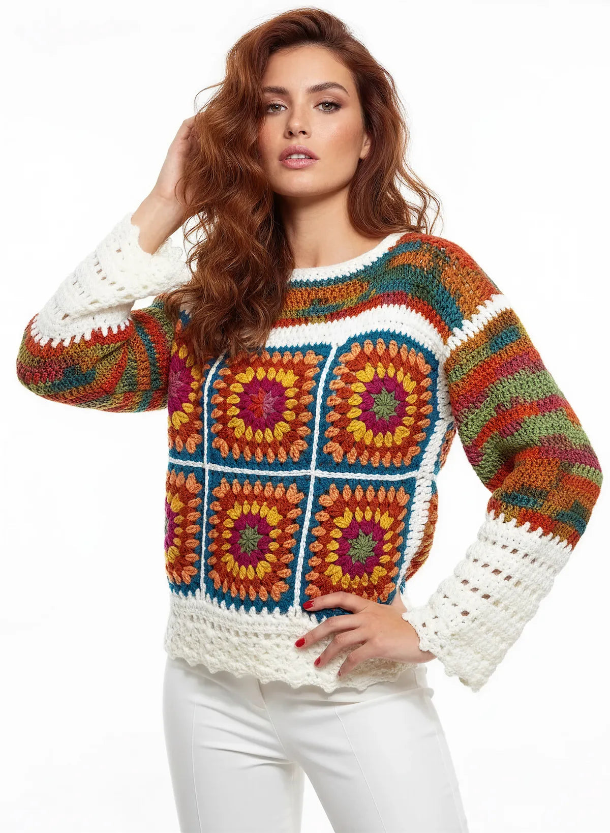 Pull femme Ruggino rouille rayures multicolores col roulé – crochet fait main – de face – Cachalabibi