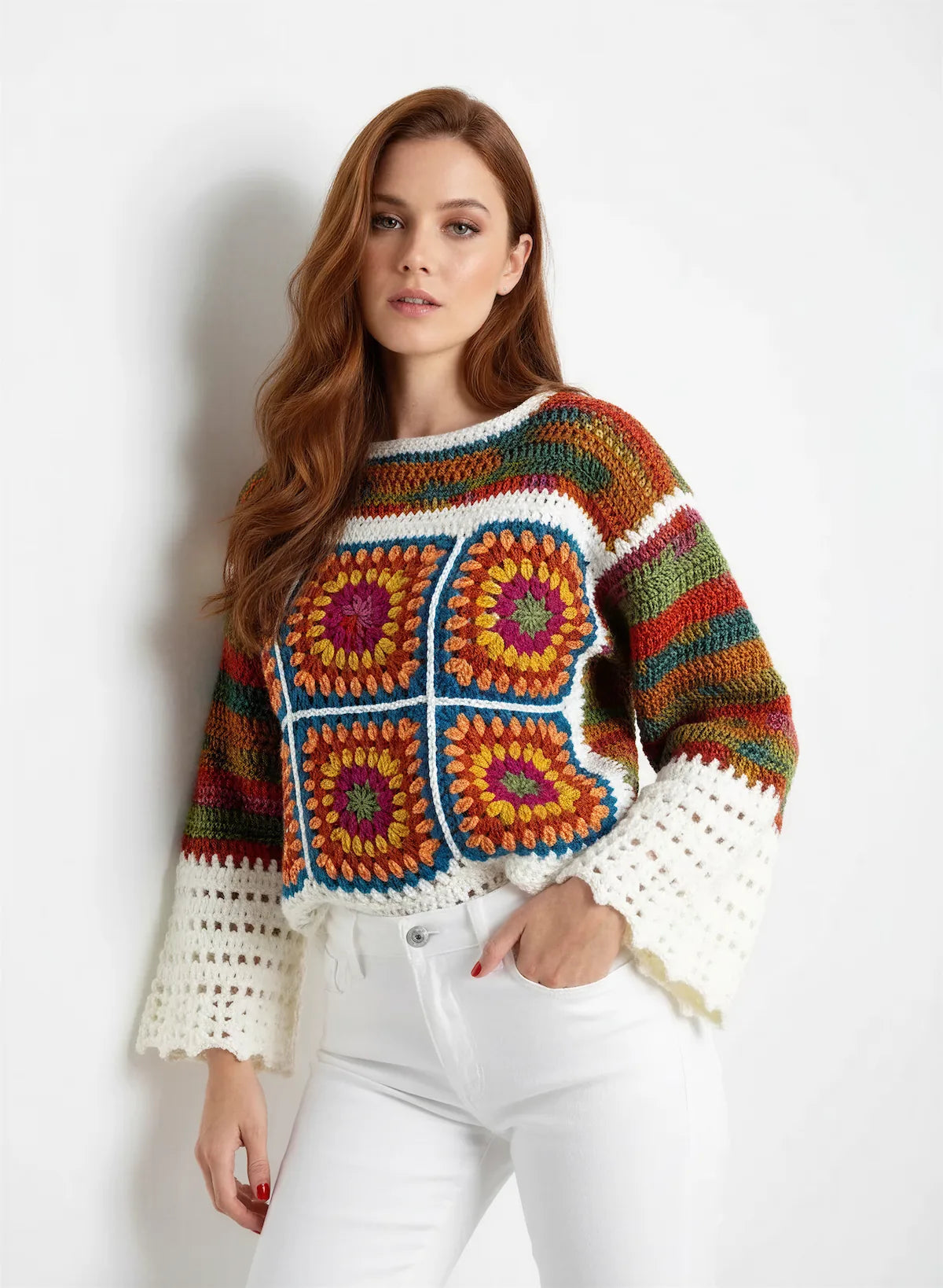 Pull femme Ruggino rouille rayures multicolores col roulé – crochet fait main – de face – Cachalabibi