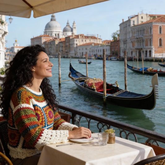 Pull au crochet fait main Ruggino de Cachalabibi - carrés granny multicolores -femme en terrasse à Venise près du grand Canal