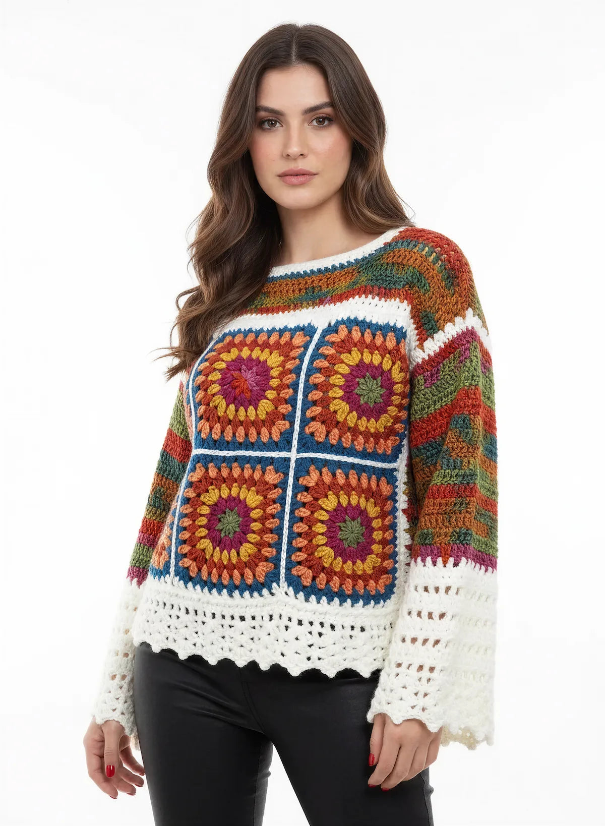 Pull femme Ruggino rouille rayures multicolores col roulé – crochet fait main – rapproché col roulé – Cachalabibi