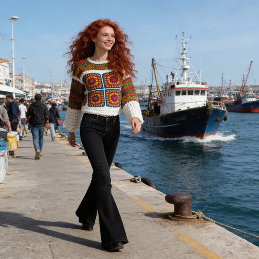 Pull au crochet fait main Ruggino de Cachalabibi - carrés granny multicolores- vue de face au port de pêche avec bateaux de pêche et promenade