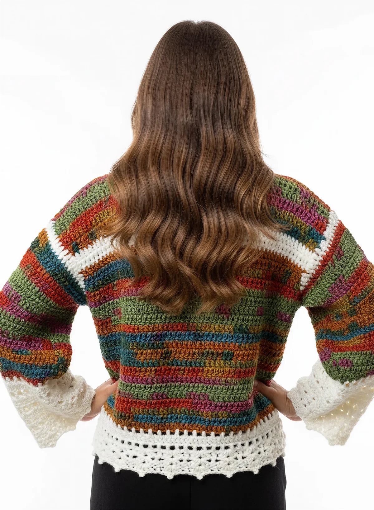 Pull femme Ruggino rouille rayures multicolores col roulé – crochet fait main – de dos – Cachalabibi
