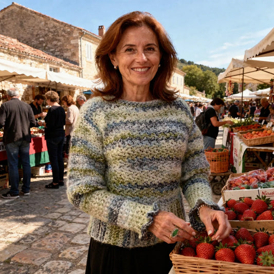 Pull au crochet fait main Sweaty de Cachalabibi - gris vert - vue de face au marché provençal avec étals de fraises