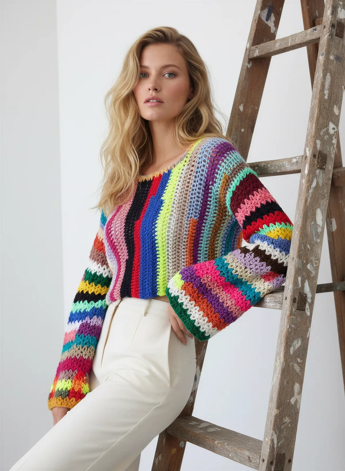 Pull femme Tapatouvu rayures verticales multicolores irisé – crochet fait main – ambiance échelle – Cachalabibi