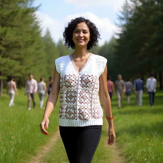Pull au crochet fait main Templarito de Cachalabibi - beige - Vue de face au parc verdoyant, pièce unique blanc cassé 