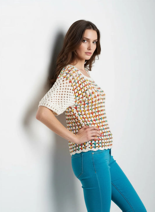 Pull manches courtes Touchy crème multicolore ajouré – crochet fait main – de côté – Cachalabibi