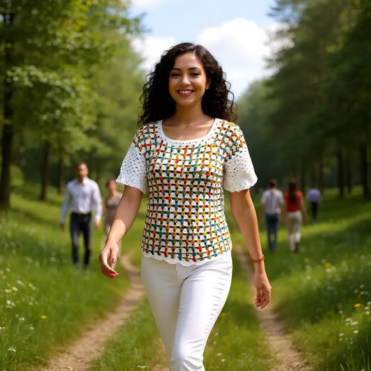 Pull au crochet fait main Touchy de Cachalabibi - multicolore - Vue en promenade champêtre, style bohème estival avec motif floral