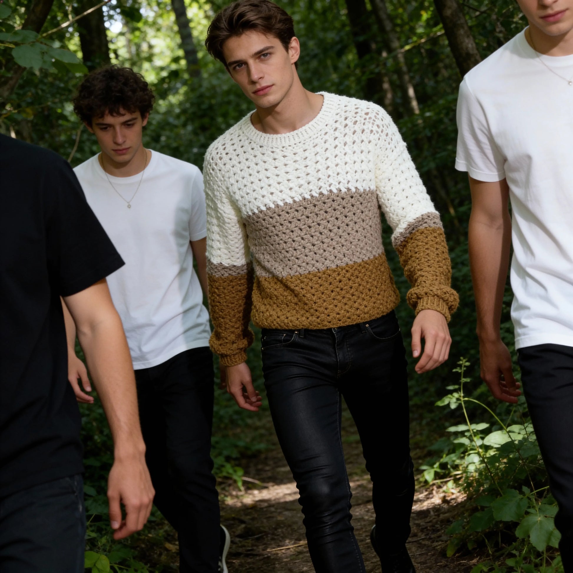 Pull au crochet fait main Homme Tricoloro de Cachalabibi - beige écru - vue de face dans une forêt verdoyante